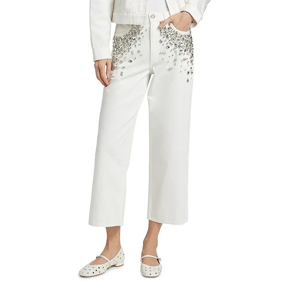 rag & bone Denim - Rag & Bone The Andi Embellished High Rise Ankle Wide Leg Jeans 26 White Jewel